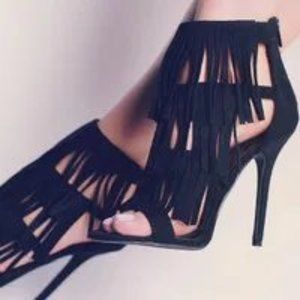 Black Strappy Layered Fringe Stiletto Heel Sandals - Size US 7